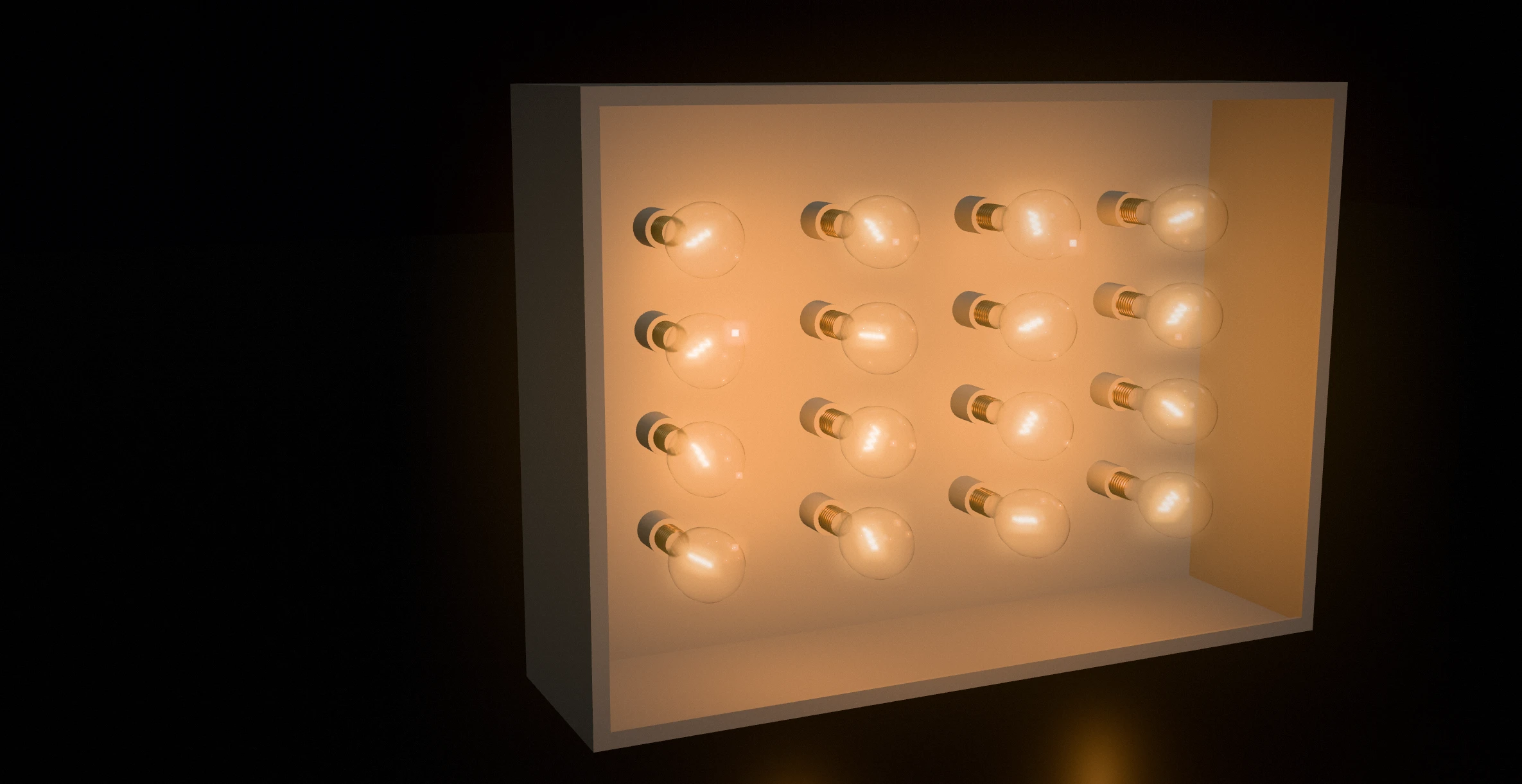 Inside the white metal lightbox: sixteen clear incandescent bulbs in a four-by-four grid, their filaments glowing amber