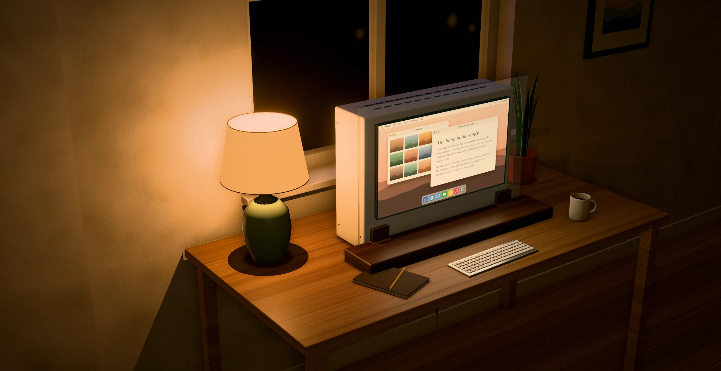 The Firelight at night on a wooden desk by a window, its screen glowing warm beside a table lamp