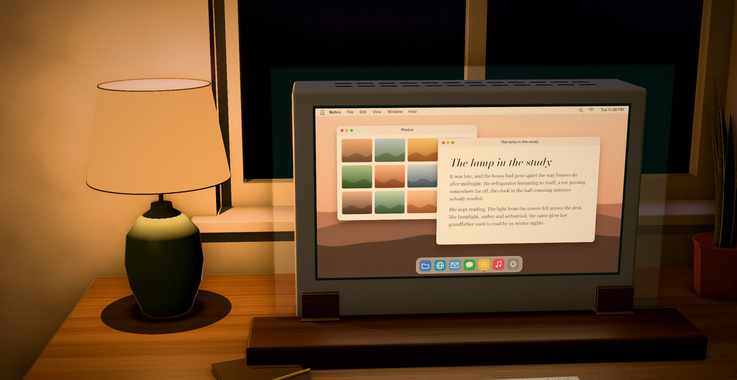 Close-up of the bare LCD behind its glass pane, showing a computer desktop with an open document in warm incandescent light