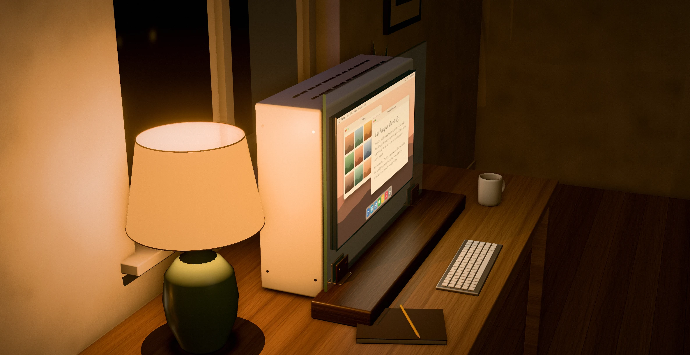 Side view at night: the sealed white metal lightbox sits right behind the glass pane